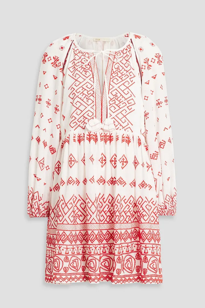 Gathered embroidered cotton-jacquard mini dress