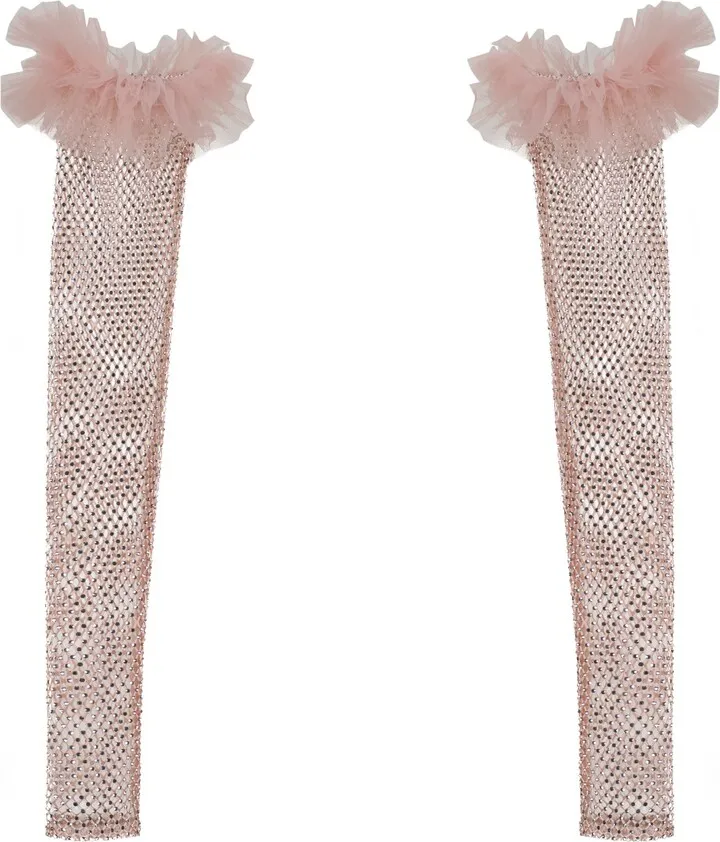 SAVANNA - Tulle Crystal Mesh Gloves - Pink
