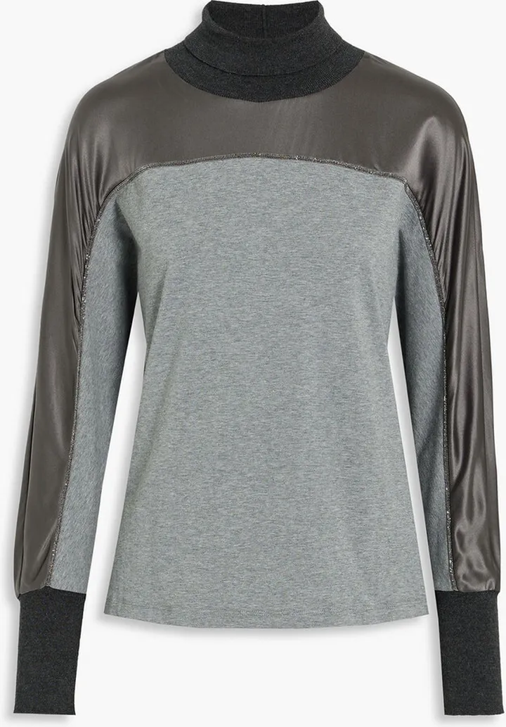 Satin-paneled stretch-cotton jersey turtleneck top
