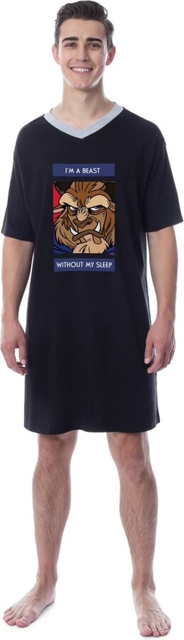 Disney Mens' Beauty and the Beast Without My Sleep Pajama Dress Shirt (Small) Black