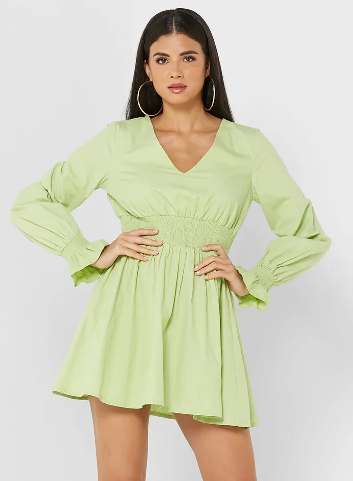 Balloon Sleeve Pleated Dress