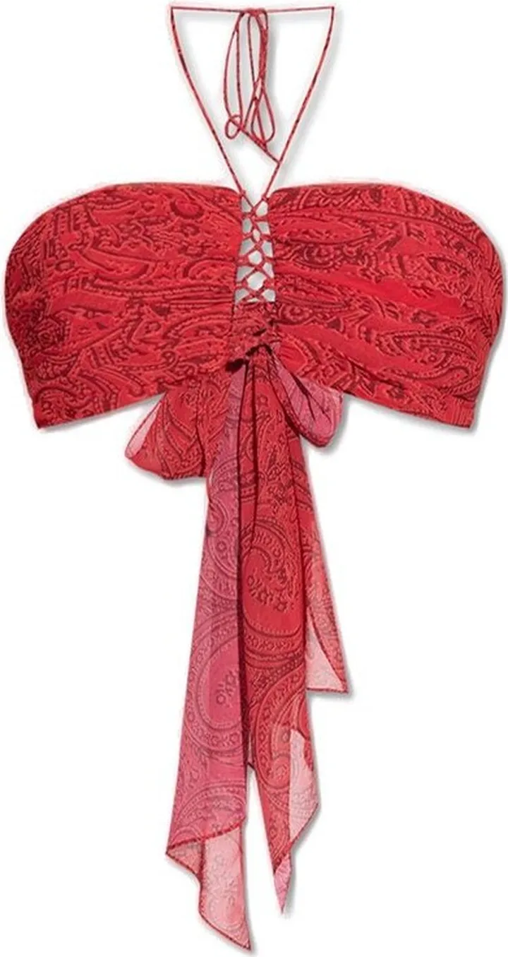 Etro Paisley-Embroidered Halterneck Cropped Lace-Up Top