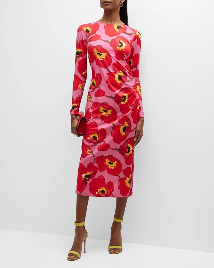 Floral-Print Ruched Midi Dress