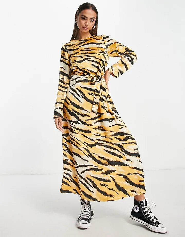 Pieces tie waist maxi dress in orange animal print