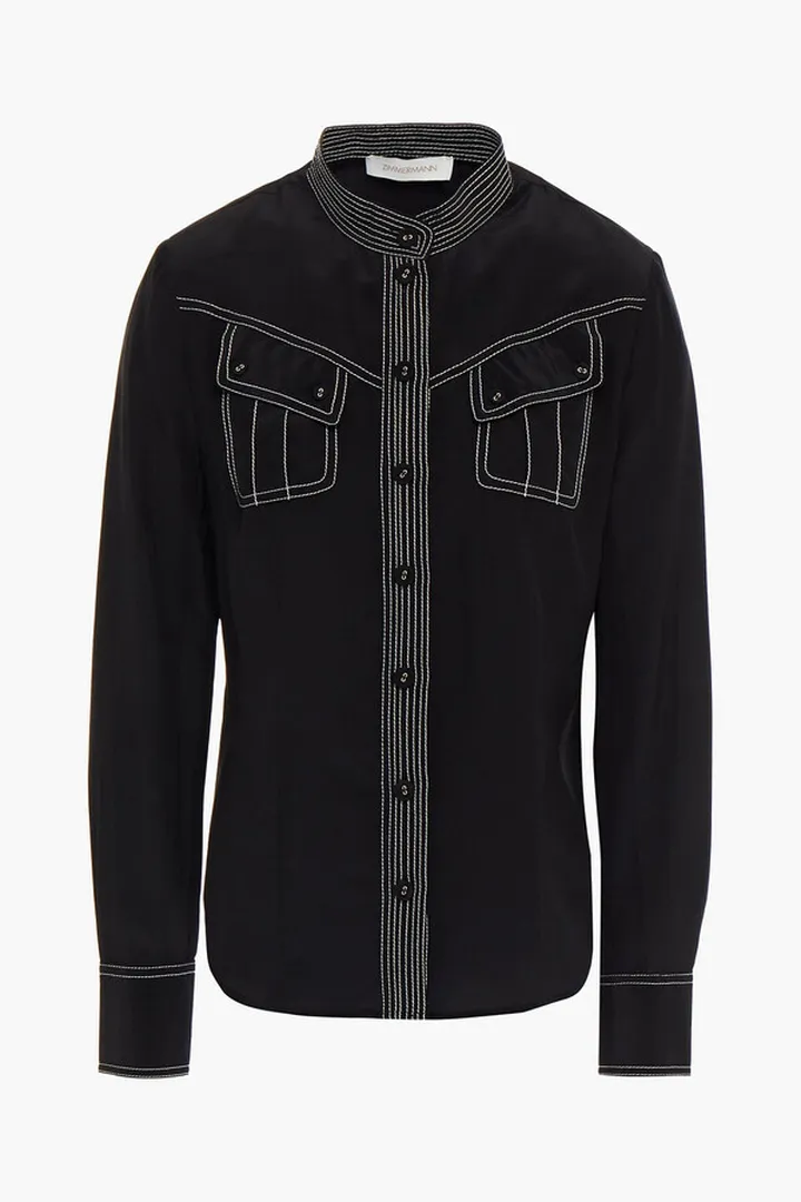 Topstitched silk crepe de chine shirt