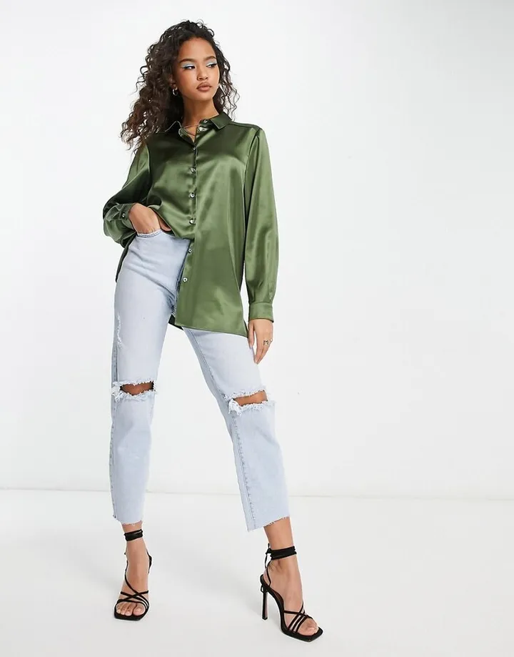 Miss Selfridge oversized satin shirt with diamante buttons in khaki