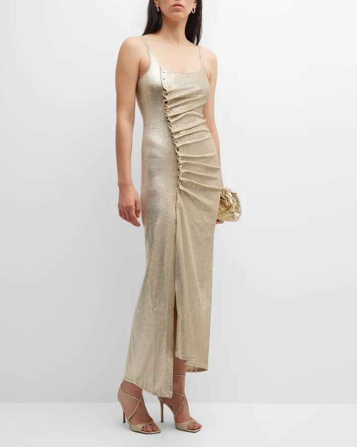 Metallic Ruched Snap Maxi Dress
