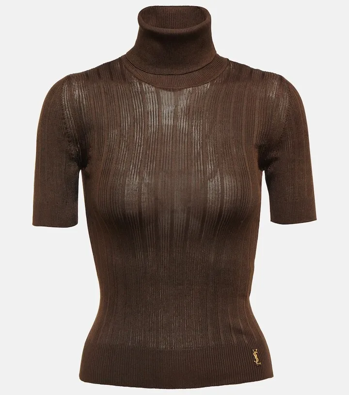 Ribbed-knit turtleneck silk top