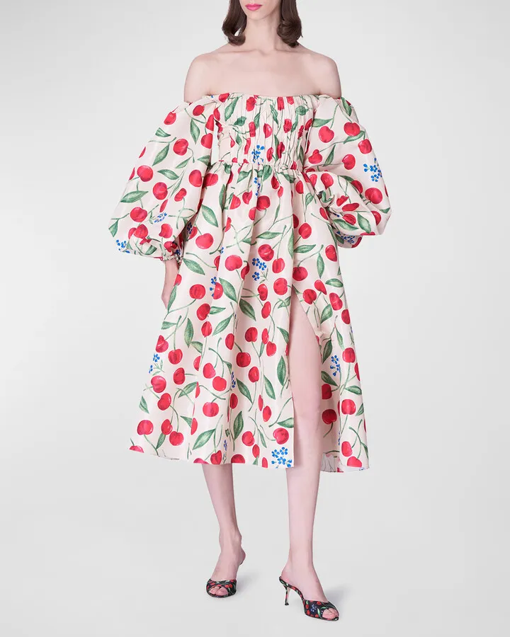 Cherry-Print Off-The-Shoulder Balloon-Sleeve Midi Dress