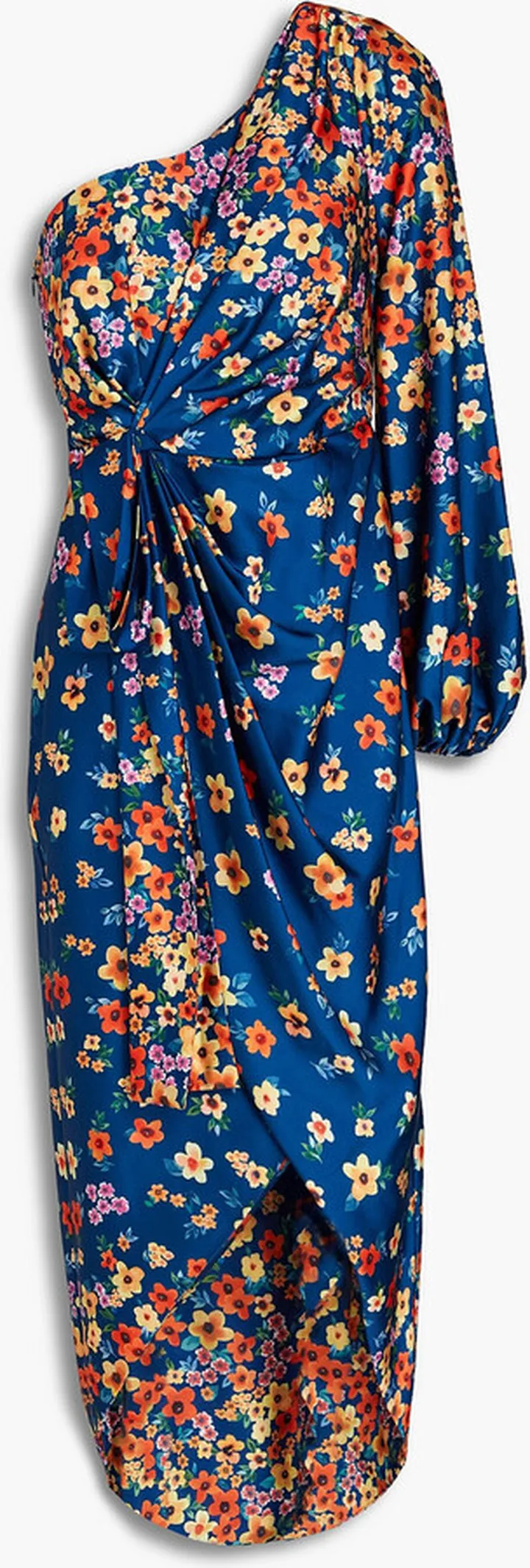 One-sleeve floral-print satin dress