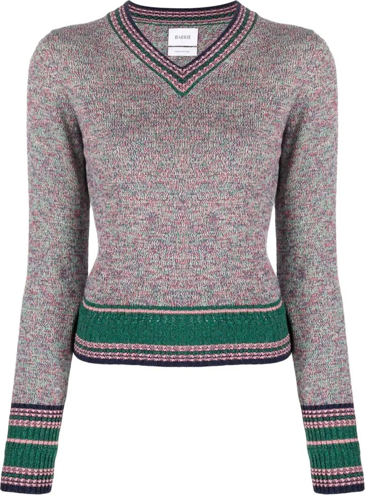 Grey Contrast Stripe Cashmere Sweater
