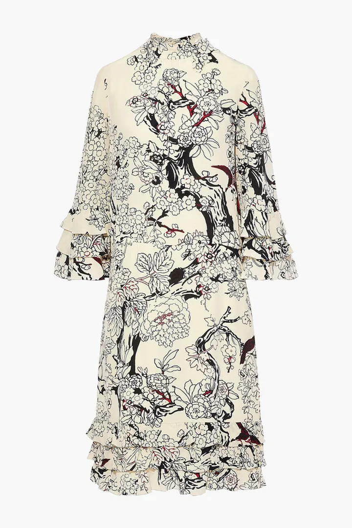 Ruffle-trimmed printed silk dress