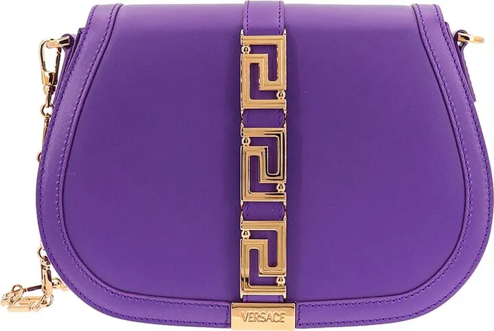 Leather shoulder bag with metal Greca detail