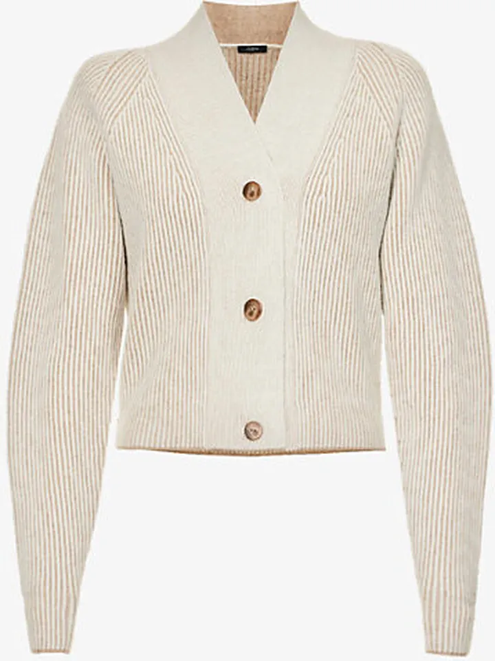 Womens Pewter Combo V-neck Buttoned Wool Jumper