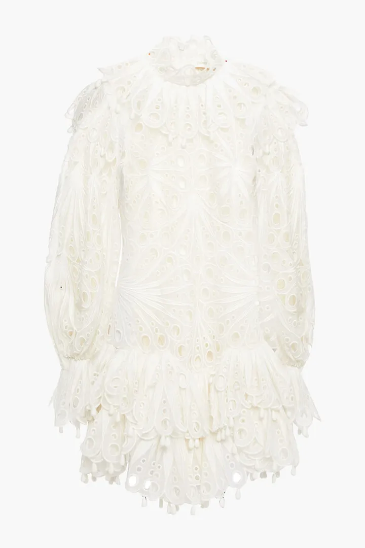 Tiered broderie anglaise linen mini dress