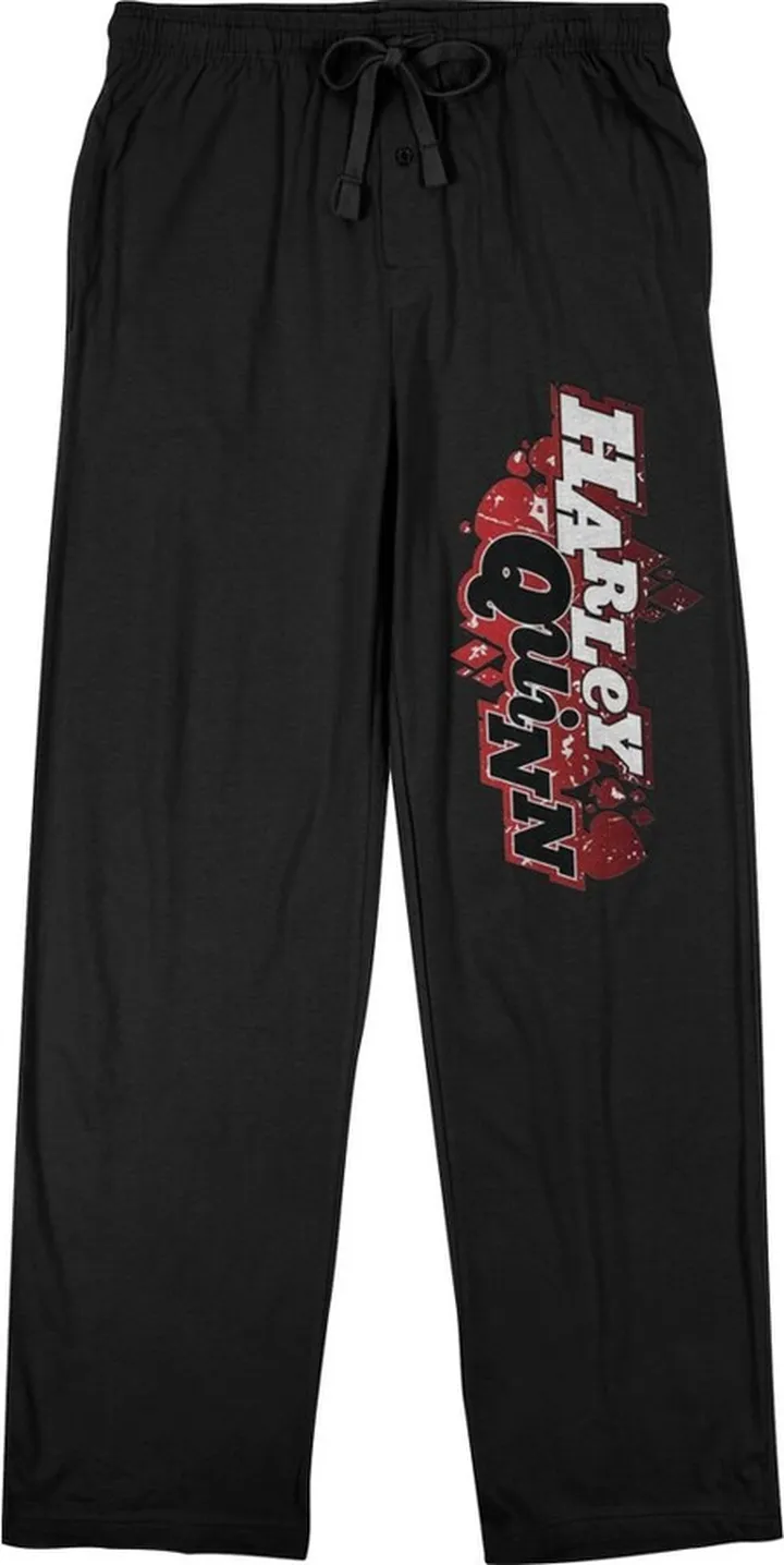 DC Comic Book Men's Harley Quinn Text Black Sleep Pajama Pants-Medium