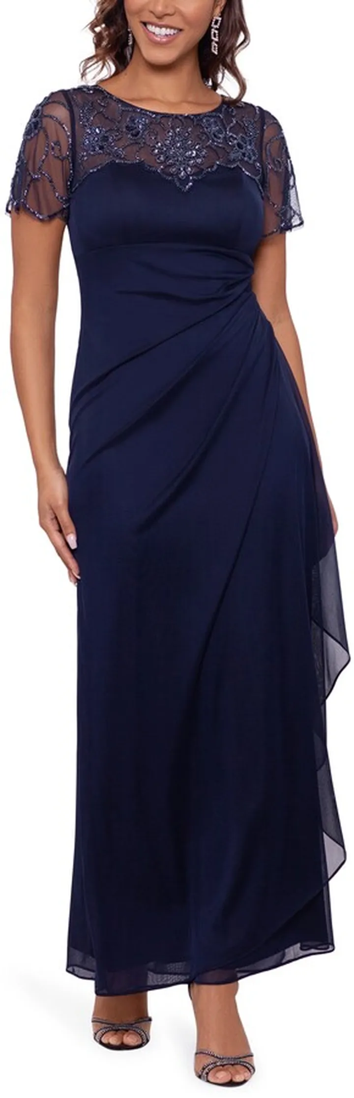 Beaded Short Sleeve Chiffon Gown