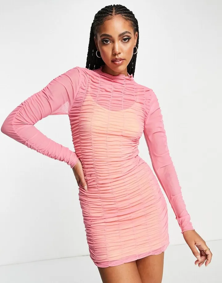 Topshop ruched mini layered mesh mini dress in pink