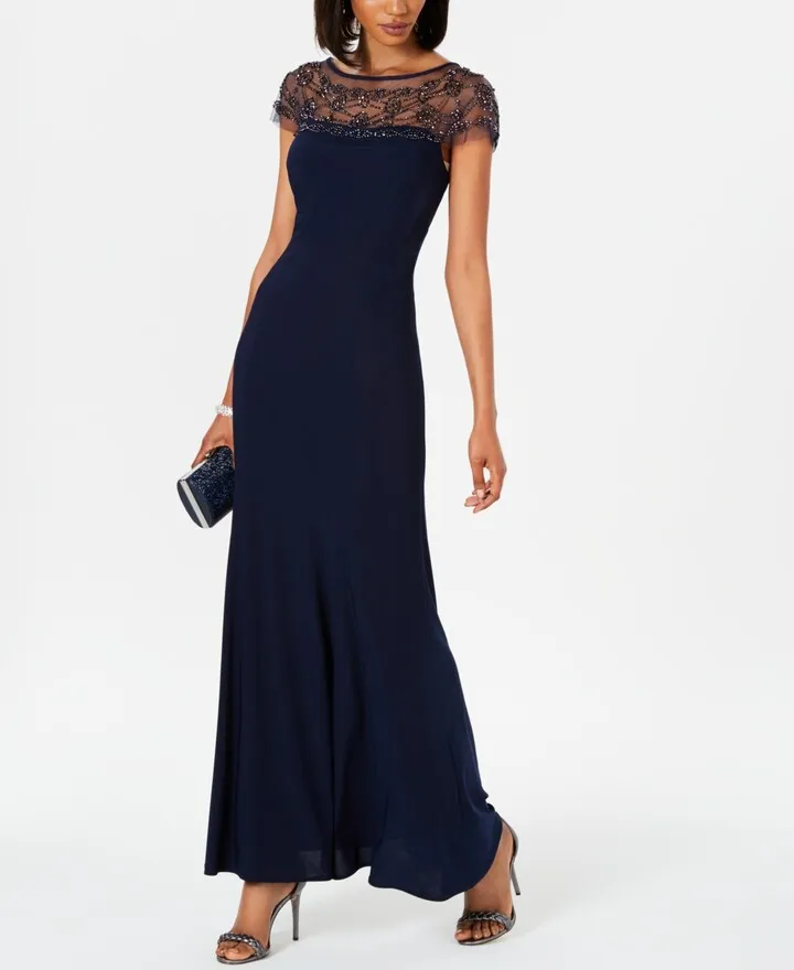 R & M Richards Women's Illusion Beaded-Trim A-Line Gown