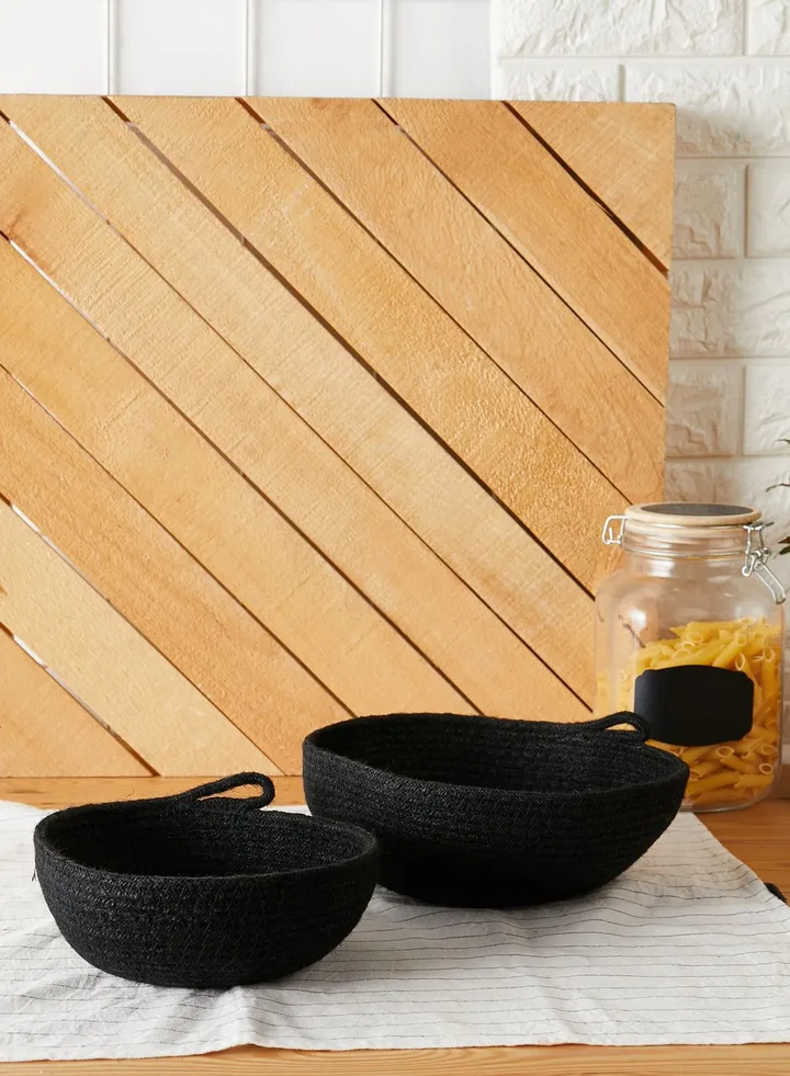 Set Of 2 Black Round Jute Baskets