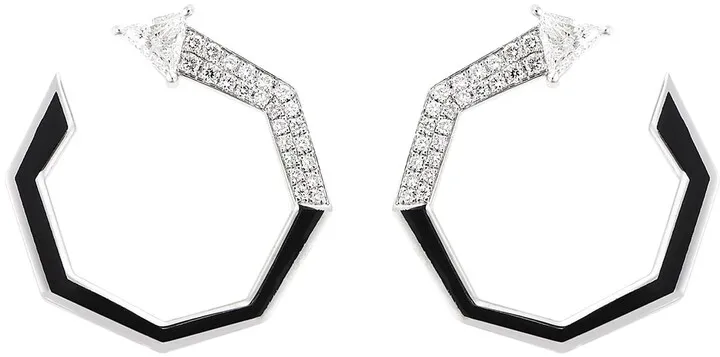V 18k White Gold Black Enamel Diamond Faceted Hoop Earrings