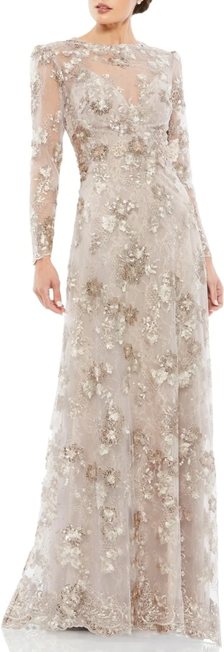 Embroidered Tulle & Lace Long Sleeve Gown