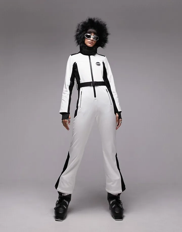 Topshop Sno ski suit with faux fur hood & belt in white