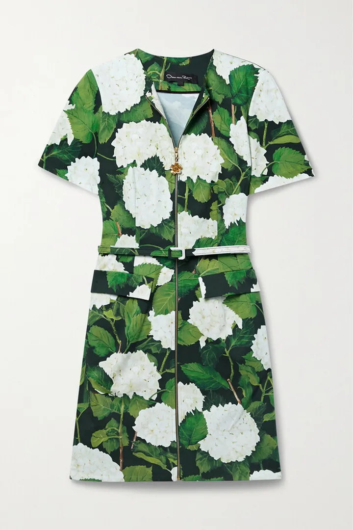 Oscar de la Renta - Belted Floral-print Cotton-blend Stretch-twill Mini Dress - Green