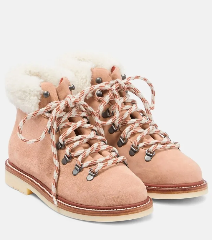 Shearling-trimmed suede hiking boots