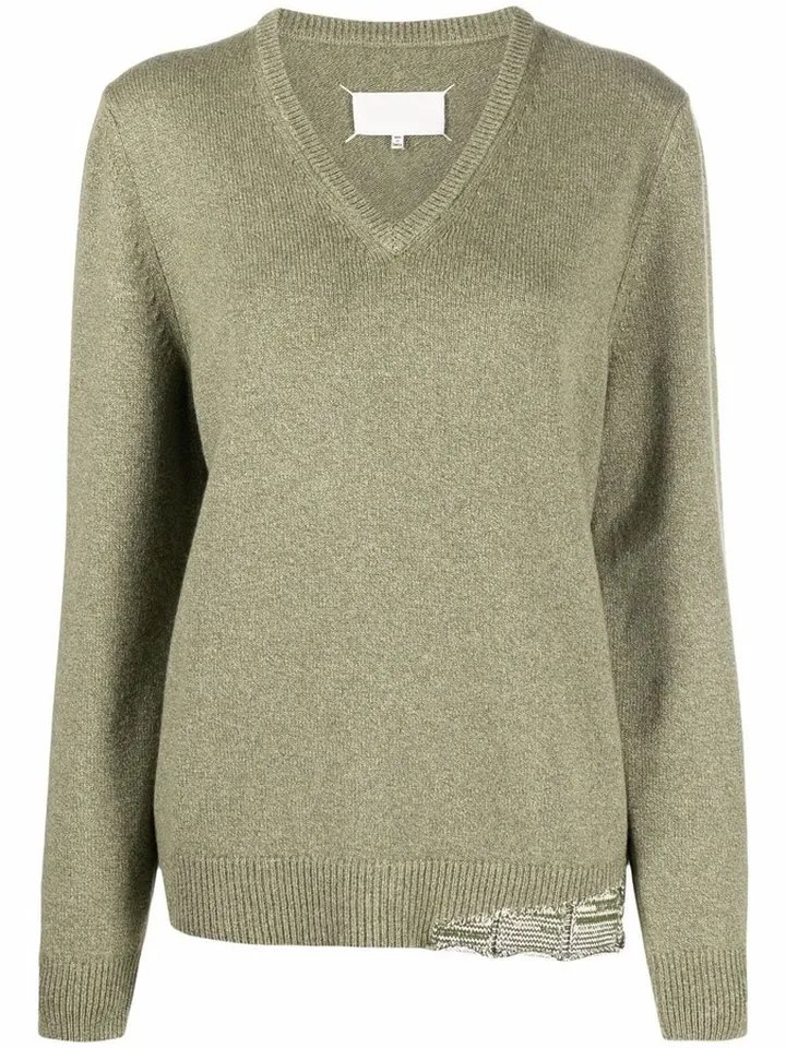 distressed-knit V-neck long-sleeve jumper