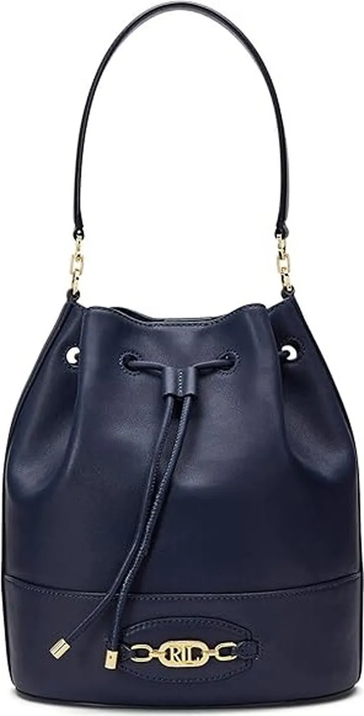 LAUREN Ralph Lauren Leather Large Andie Drawstring Bag (French Navy) Hobo Handbags