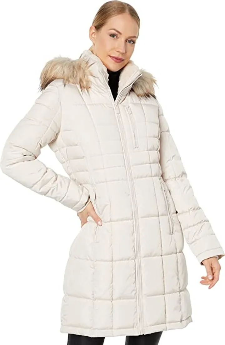 Calvin Klein Walker Puffer with Chest Zip and Faux Fur Trim (Oyster) Women's Clothing