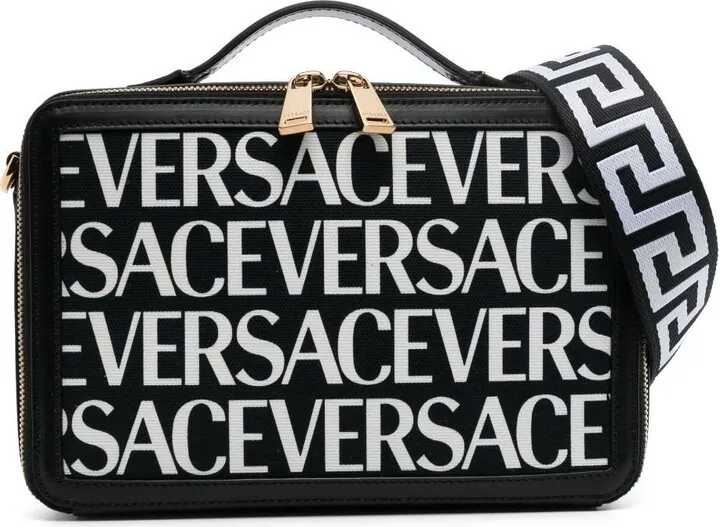 Black Logo Print Leather Cross Body Bag