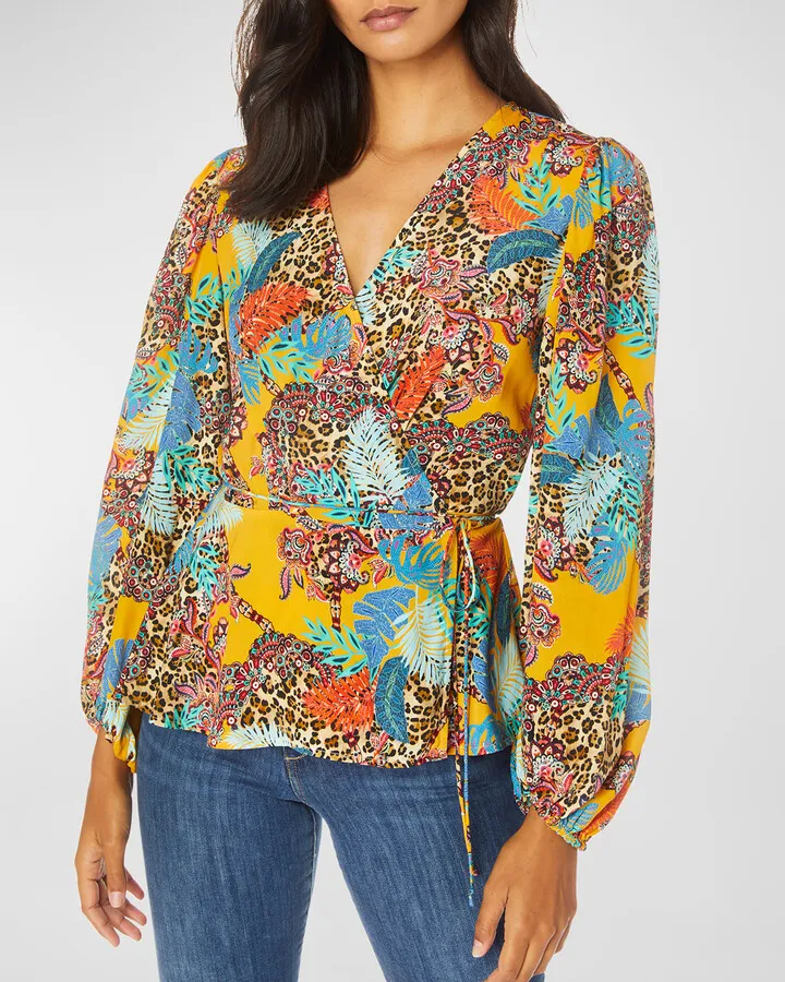 Elise Printed Blouson-Sleeve Wrap Blouse