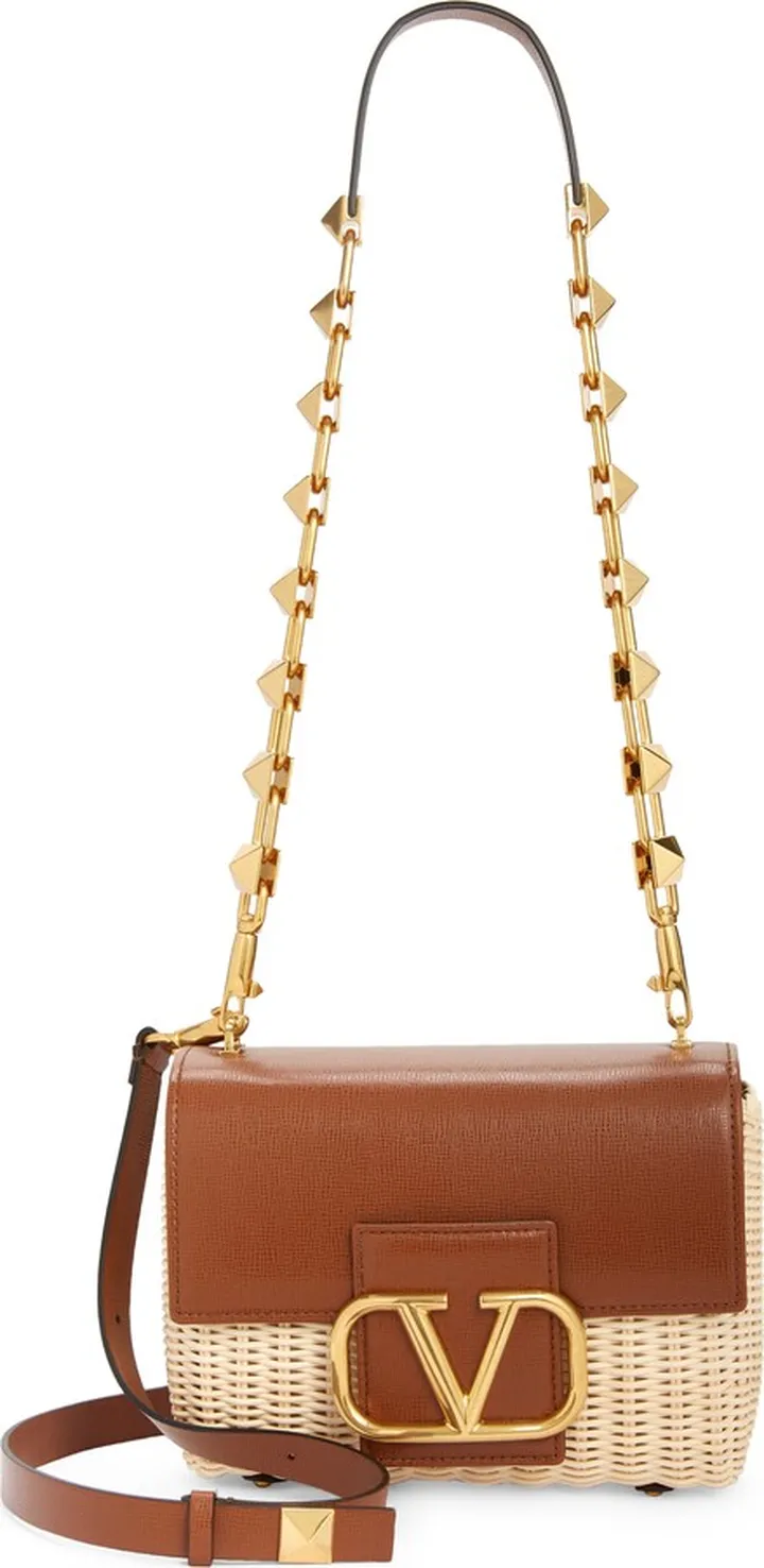 Stud Sign VLOGO Wicker & Leather Shoulder Bag