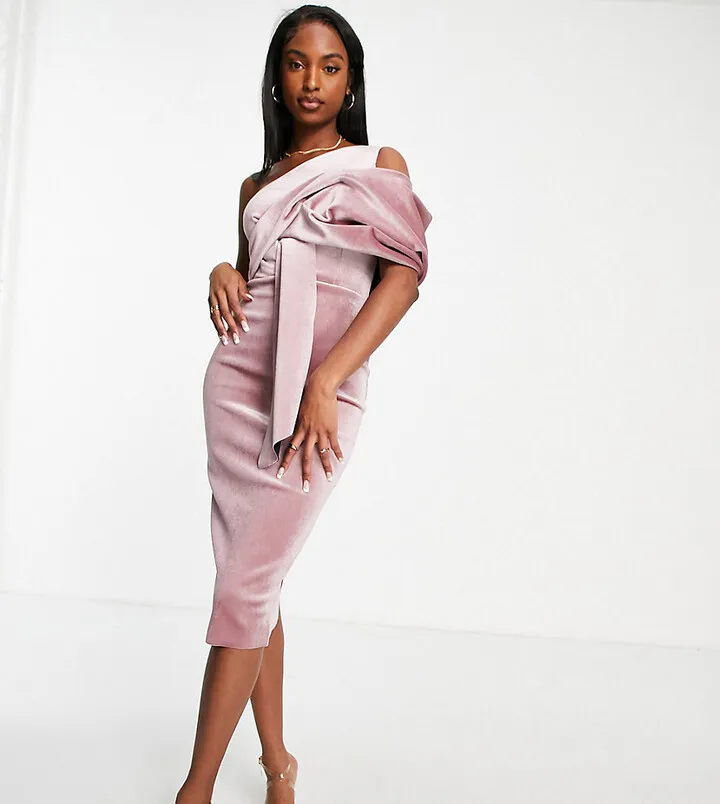 ASOS DESIGN Tall velvet peekaboo shoulder tuck midi pencil dress in rose pink