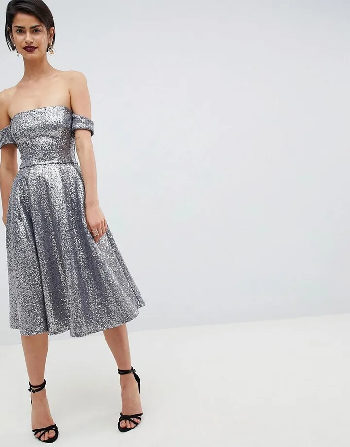 City Goddess Sequin Bardot Midi Dress