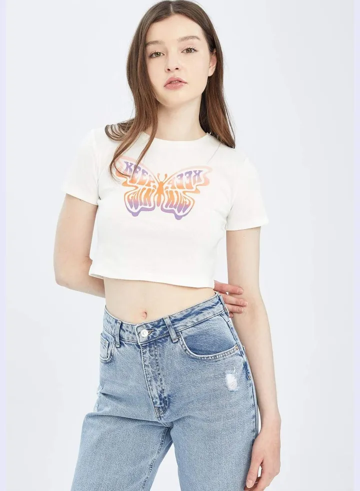 Woman Fitted Crew Neck Knitted Short Sleeve T-Shirt