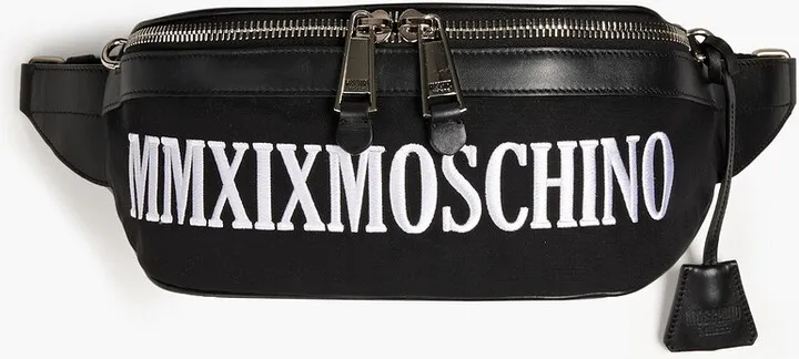 Leather-trimmed embroidered canvas belt bag