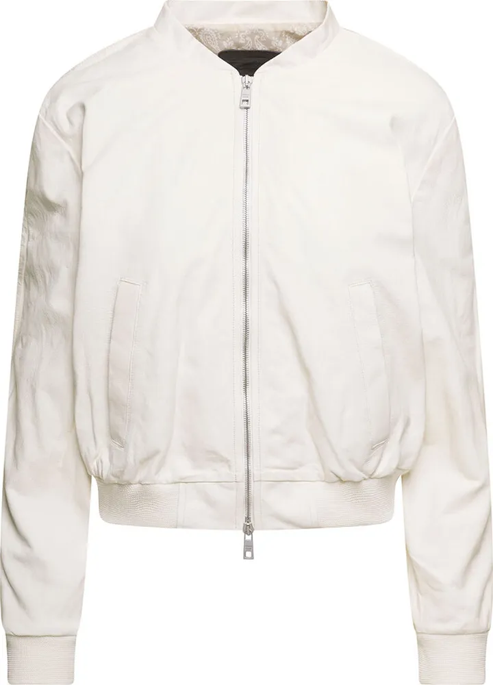 White Bomber Jacket With Rib Trim In Leather Woman