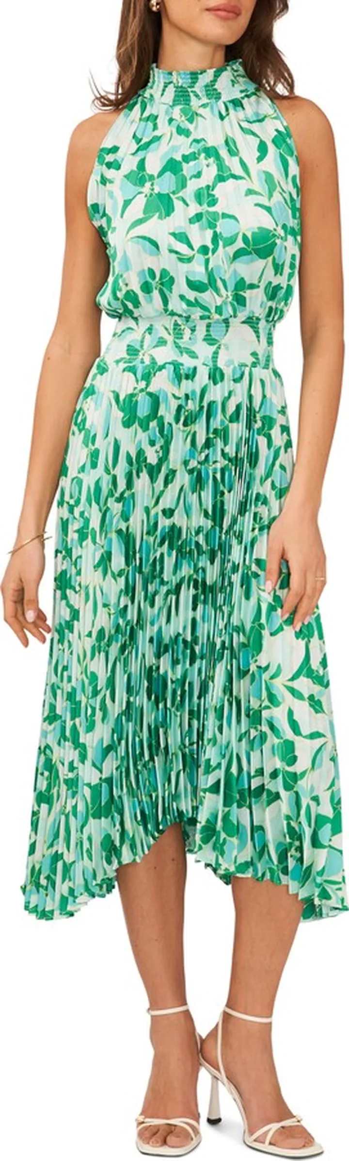 Floral Pleated Sharkbite Hem Midi Dress