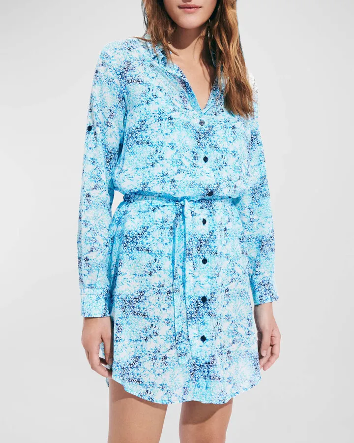 Flowers Tie-Dye Cotton Voile Shirtdress