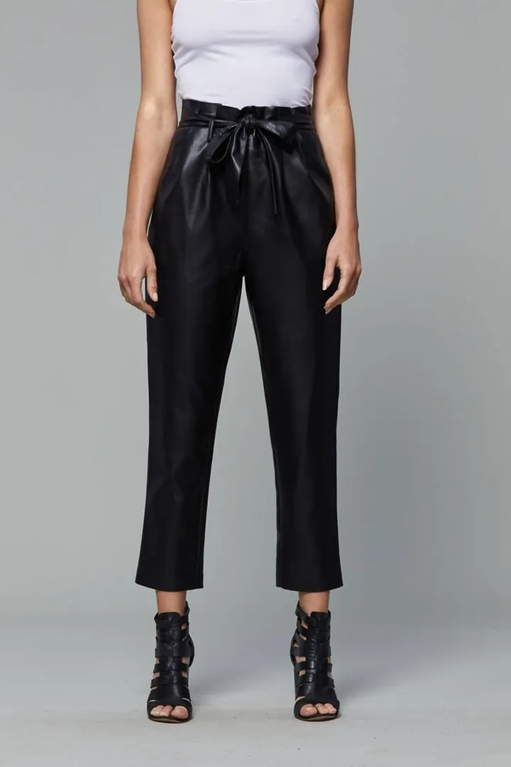 Leather Paperbag Pant in Black Vegan