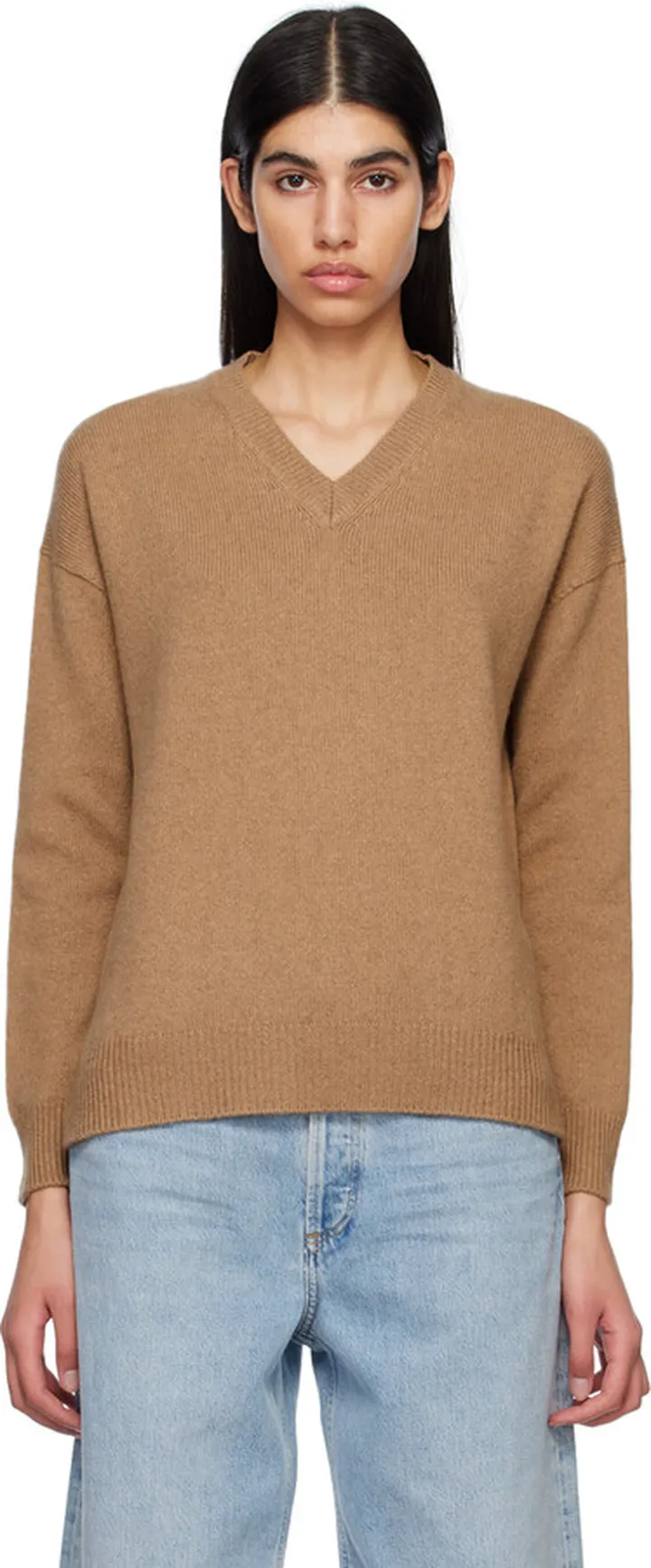 S Max Mara Tan V-Neck Sweater