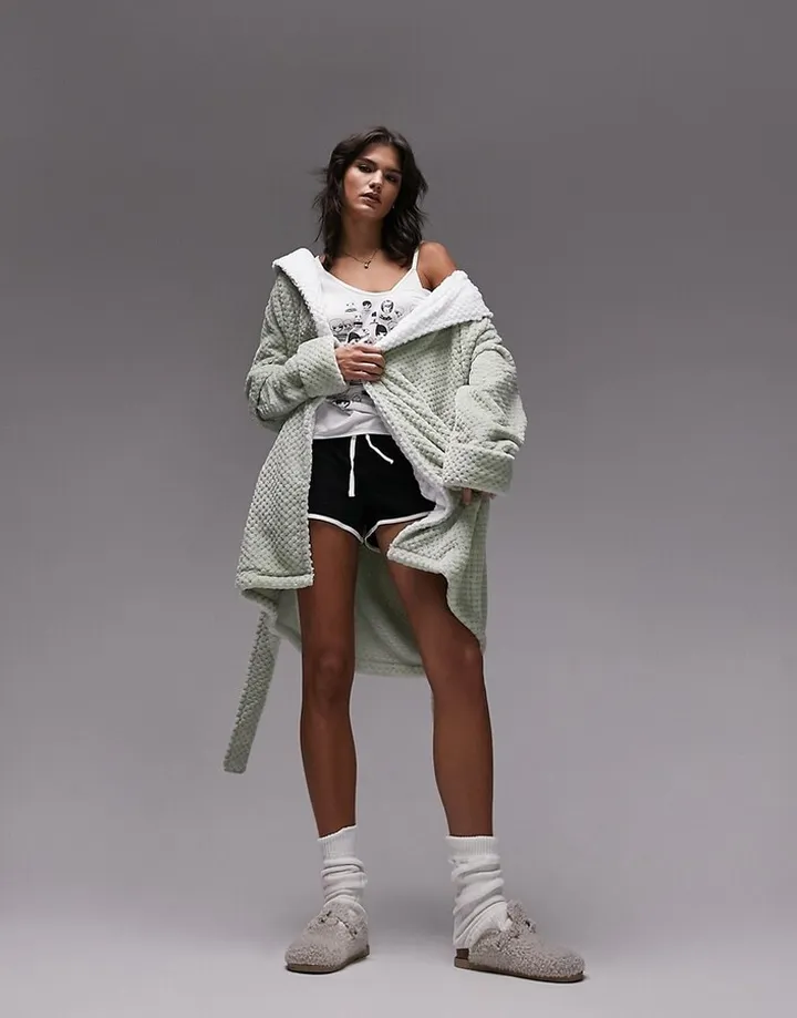 Topshop textured cozy hooded robe in sage