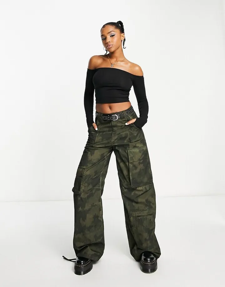 Monki off the shoulder long sleeve top in black