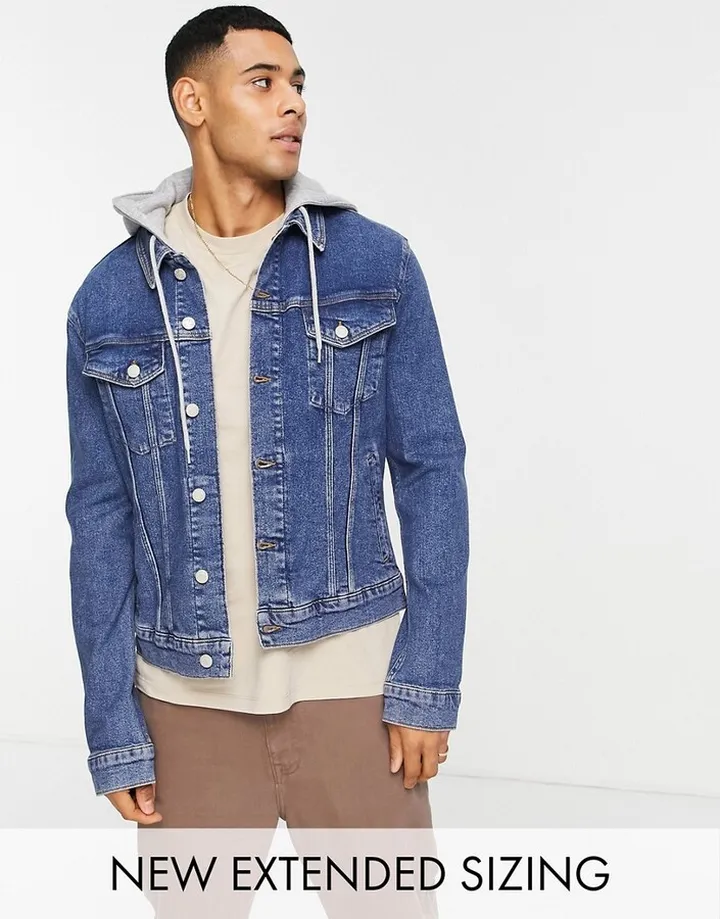 ASOS DESIGN skinny denim jacket in mid wash with detachable jersey hood
