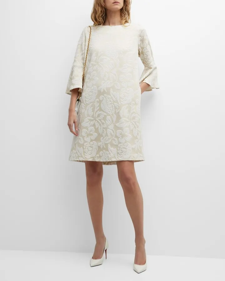 Bella Floral Jacquard Bell-Sleeve Shift Dress