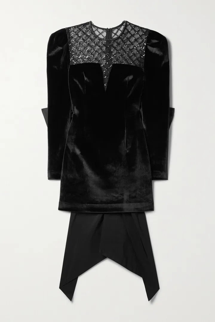 Rebecca Vallance - Bow-embellished Sequined Tulle-trimmed Velvet Mini Dress - Black