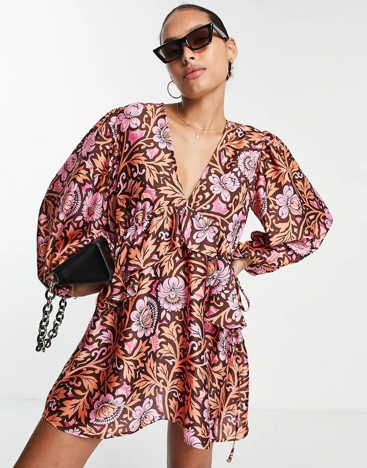 Topshop satin sleeve detail mini dress in floral print